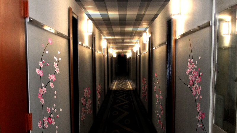 hallway with cherry blossom doors