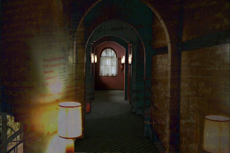 hallway with equations overlay