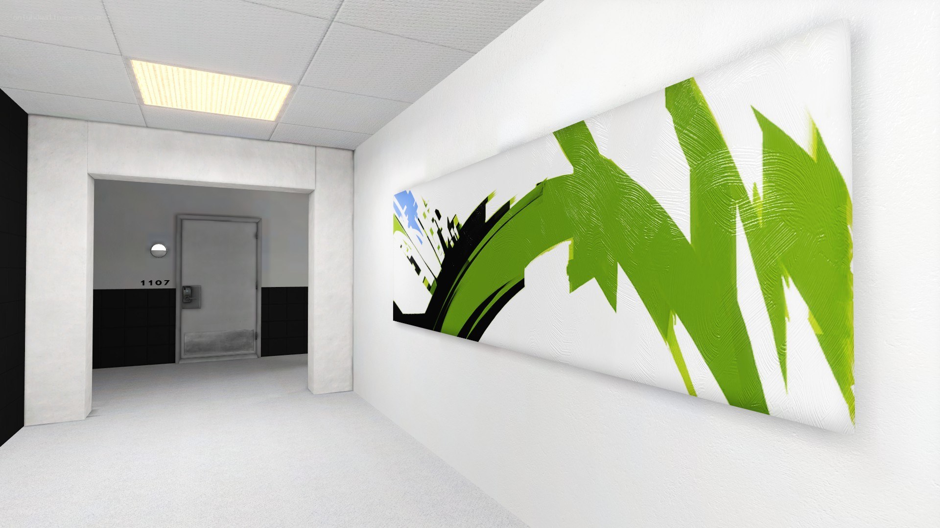 hallway with green art