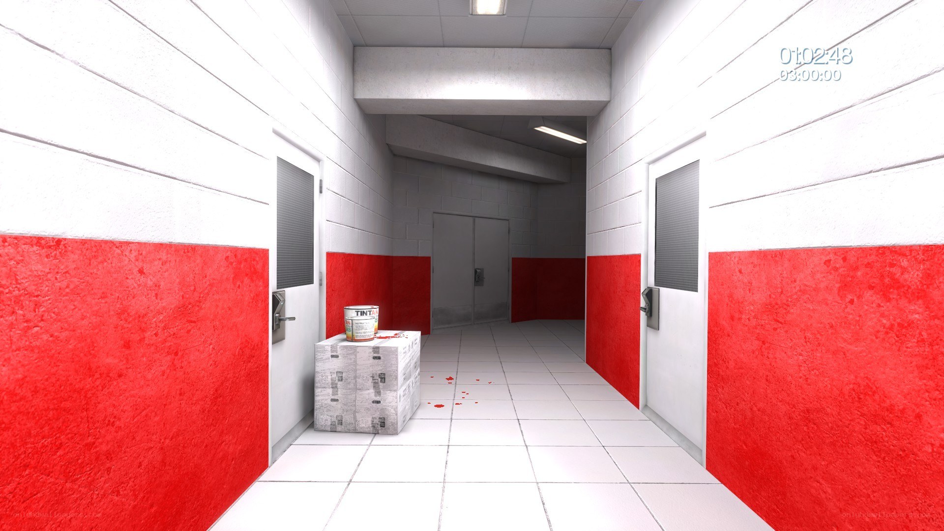 hallway with red and white walls