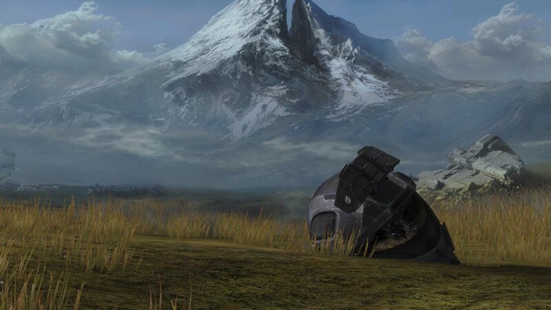 Halo helmet in snowy landscape