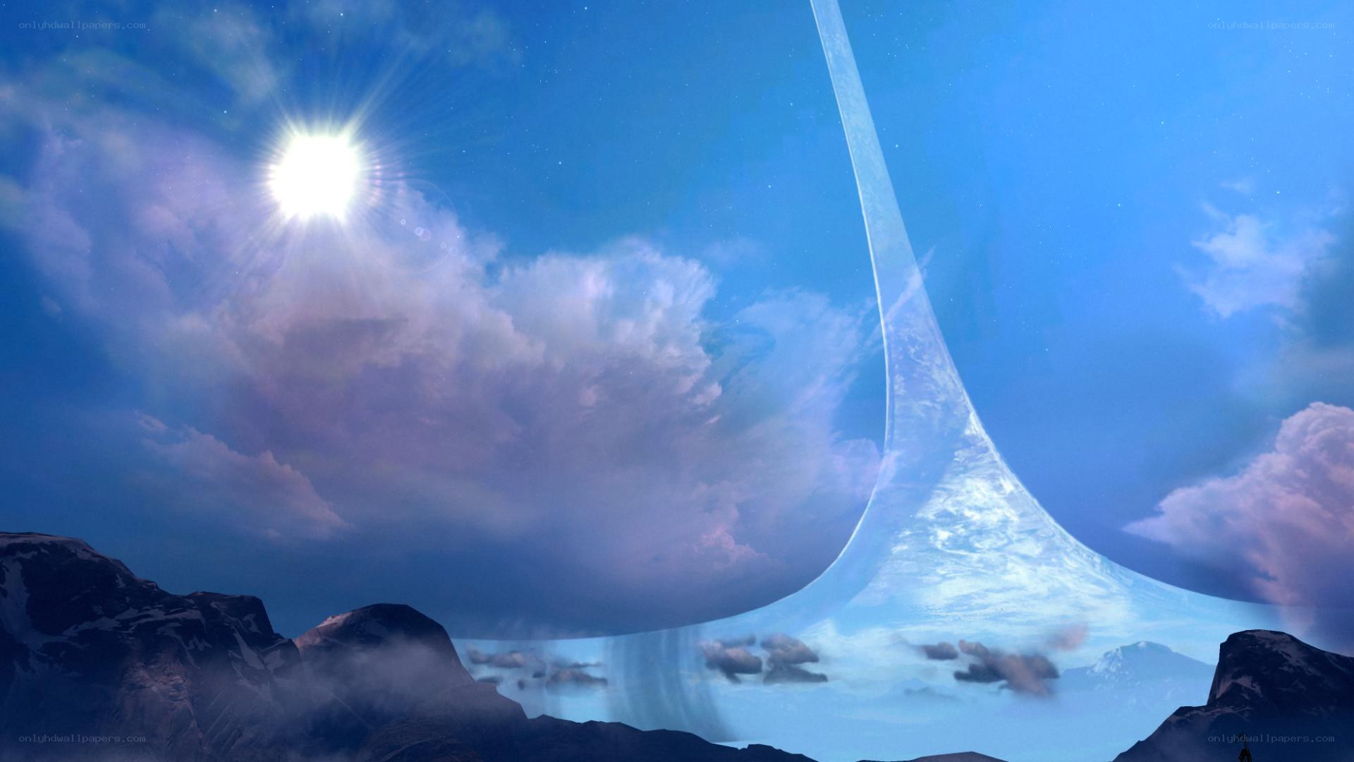 Halo ring over mountain landscape