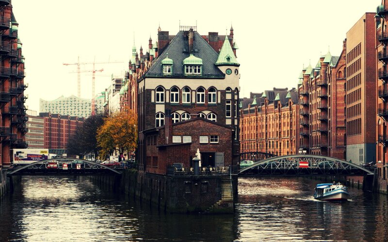 Hamburg canal with historic buildings
