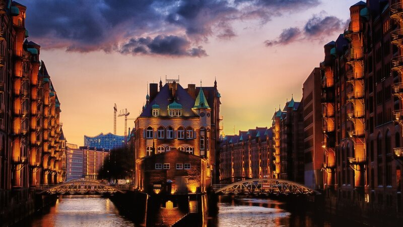 Hamburg Harbor at Dusk — Orange, Dramatic
