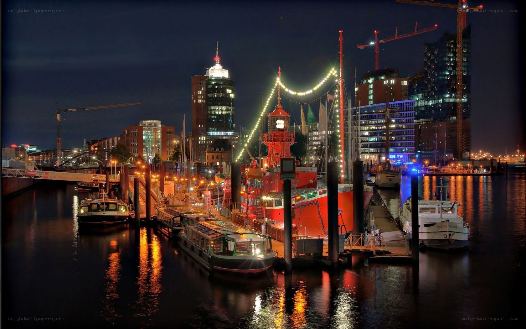 Hamburg harbor at night