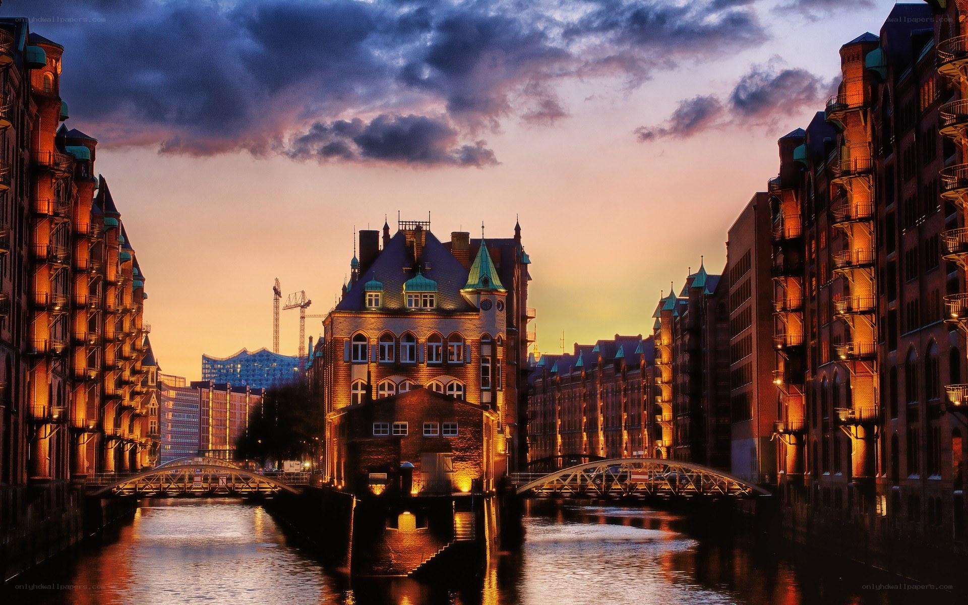 Hamburg harbor at sunset