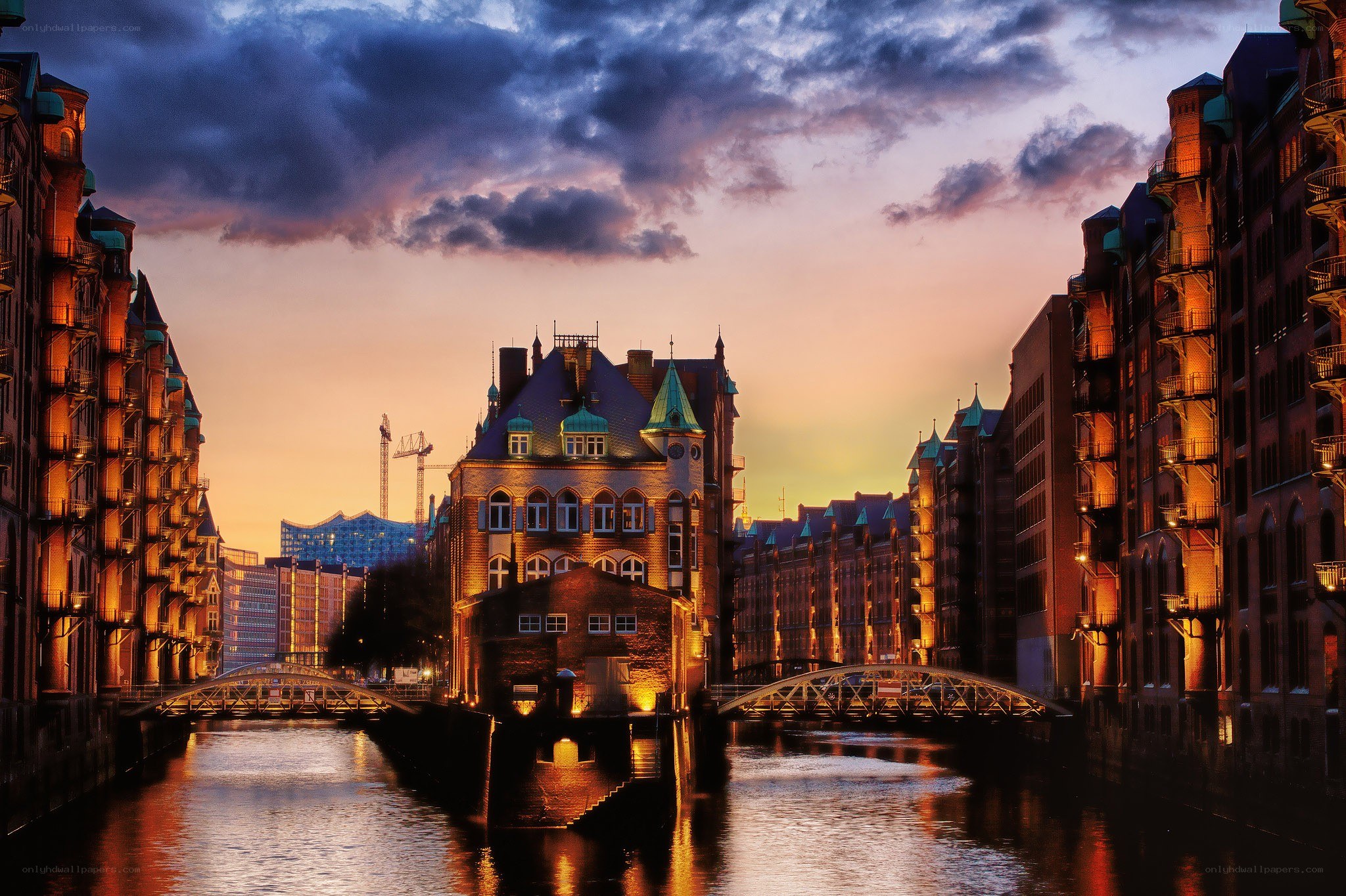 Hamburg harbor at sunset