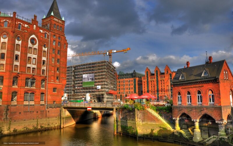 Hamburg harbor with red brick buildings