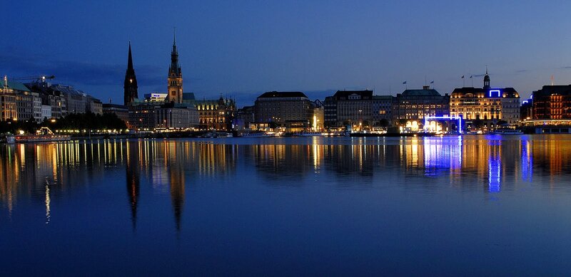 Hamburg Skyline at Night — Blue, Serene, Photograph, Buildings