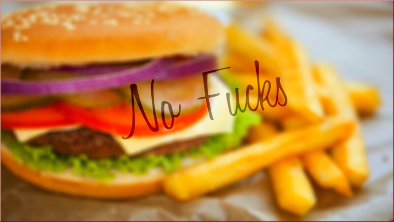 hamburger and fries with text
