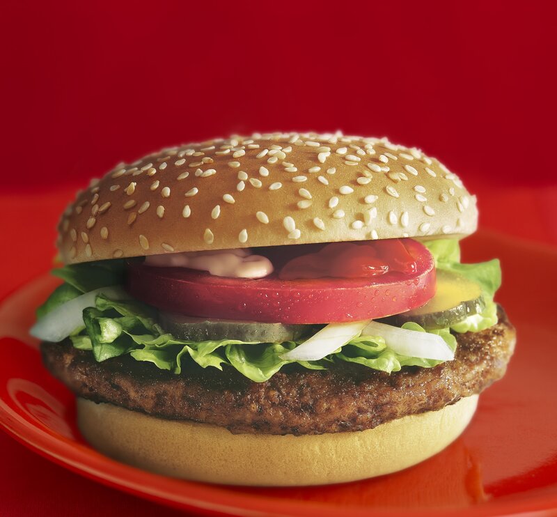 Hamburger on Red Plate — Appetizing