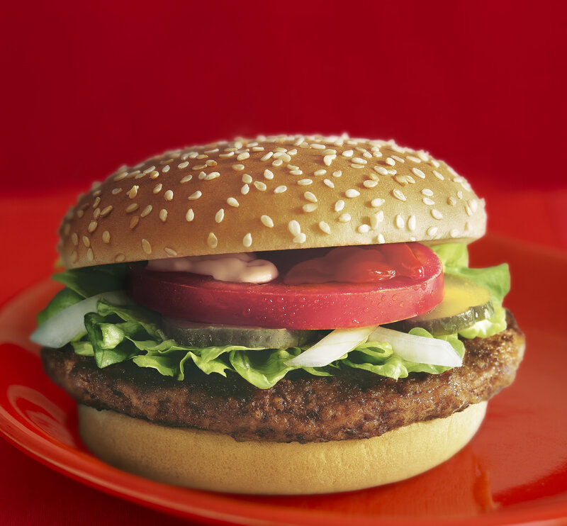 hamburger on red plate