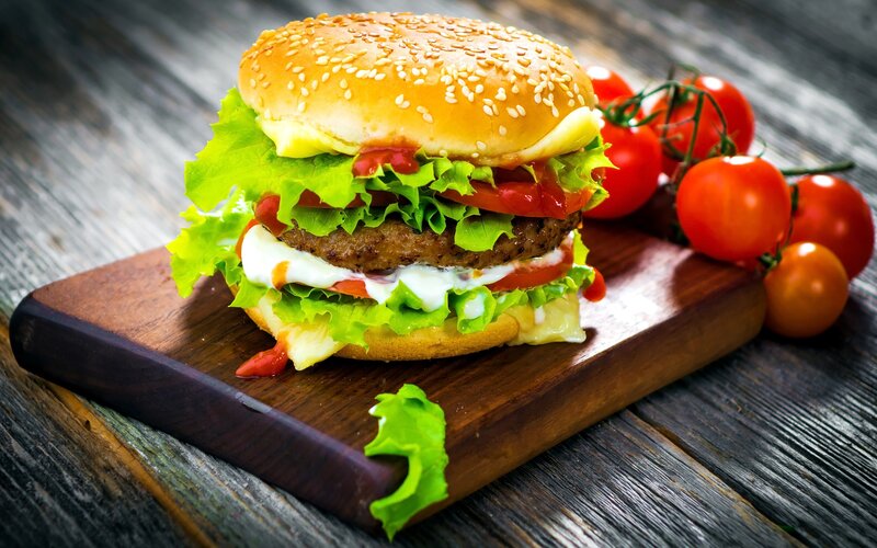 Hamburger on Wooden Board