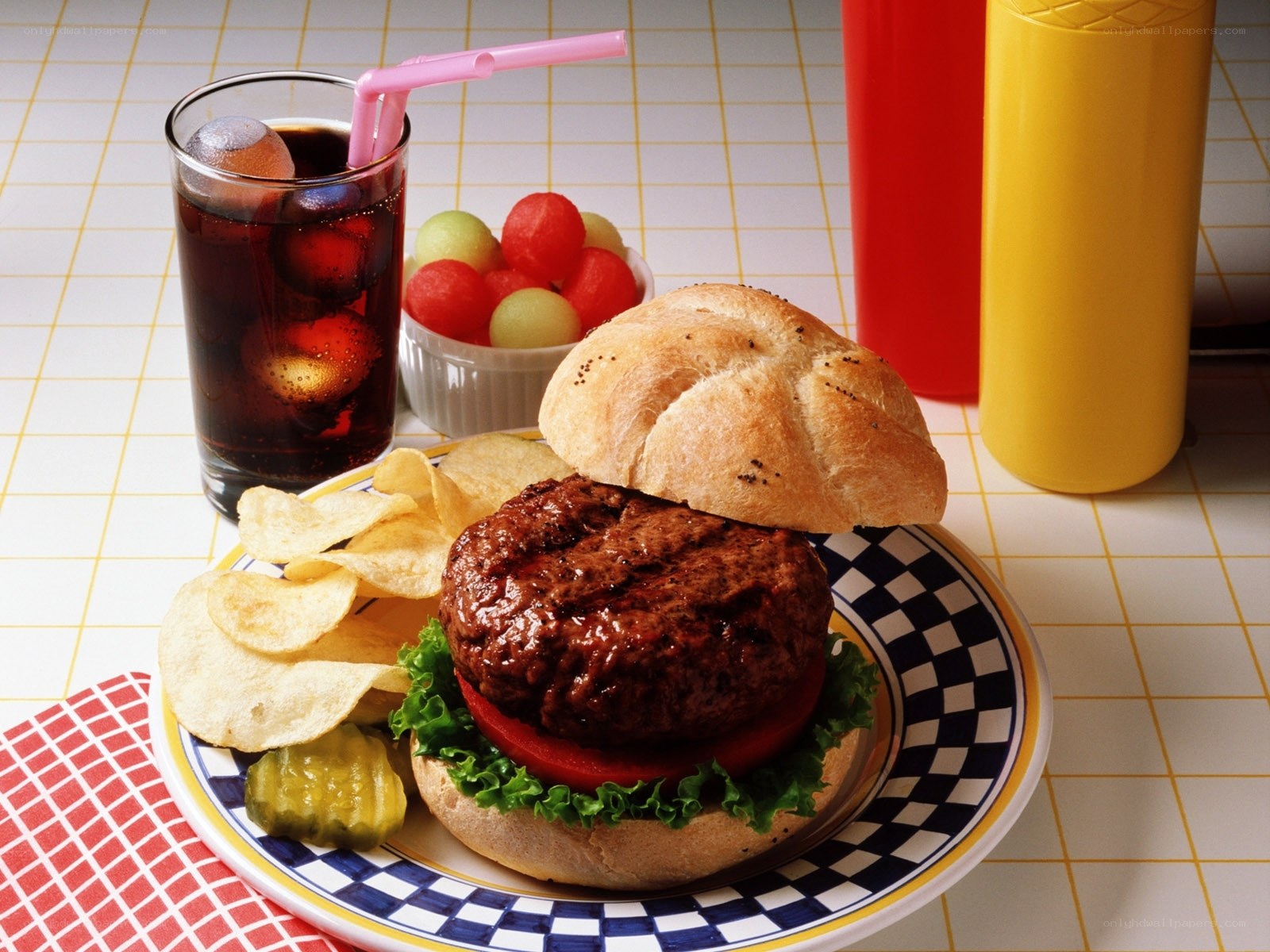 Hamburger with chips and soda