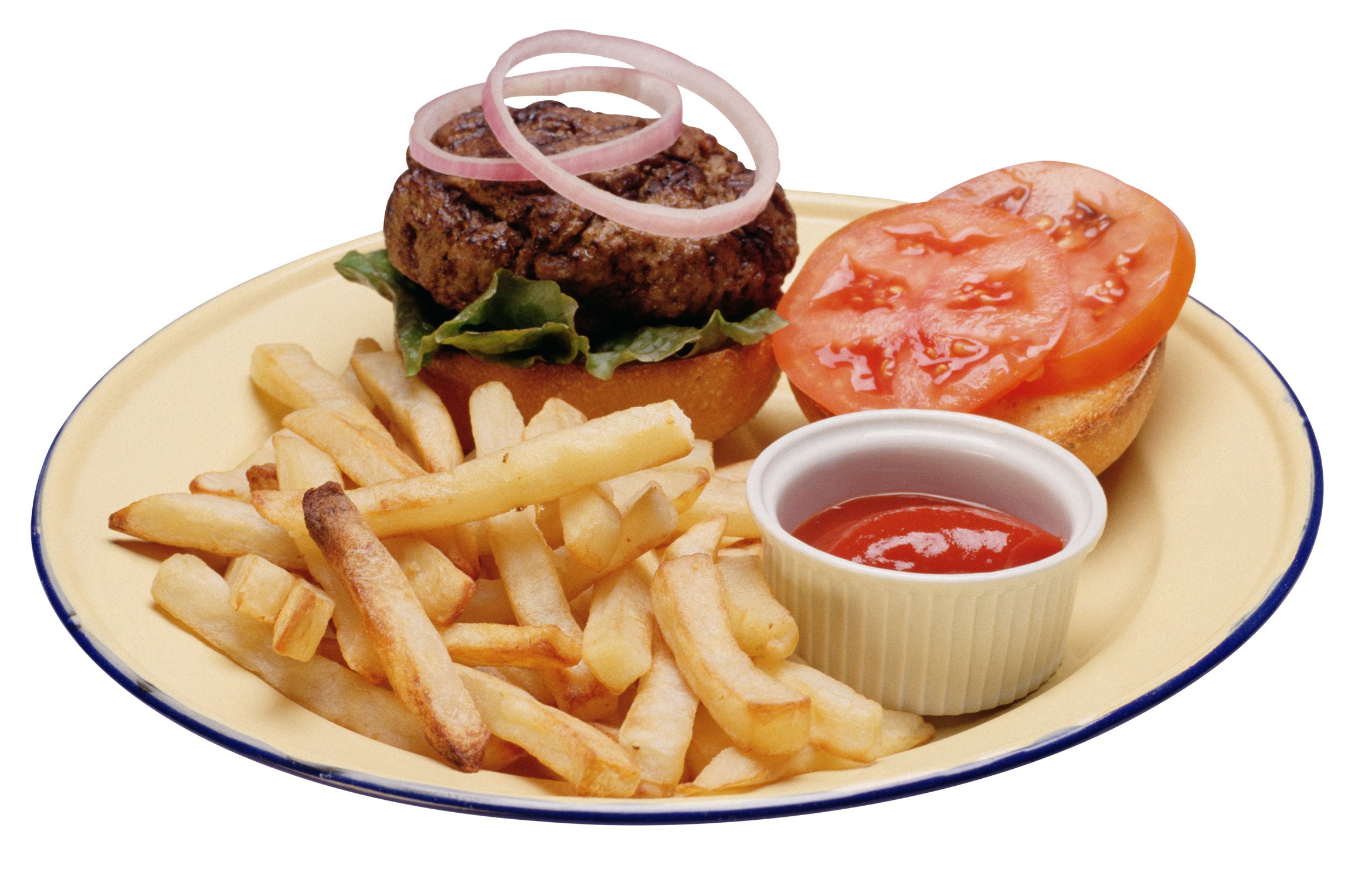 hamburger with fries and ketchup
