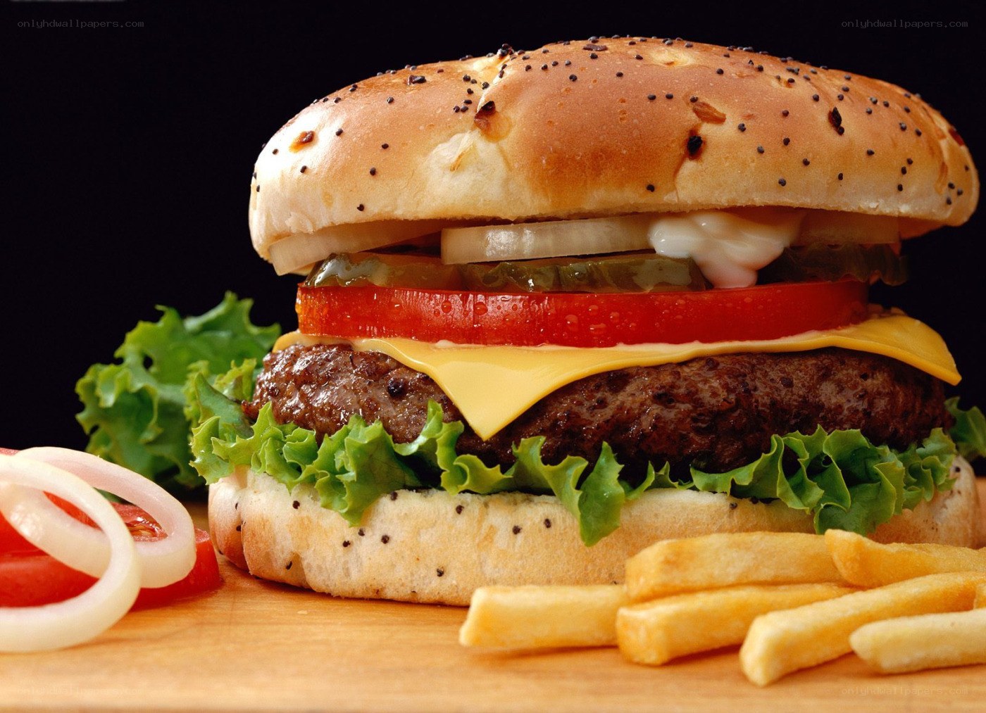 hamburger with fries and toppings