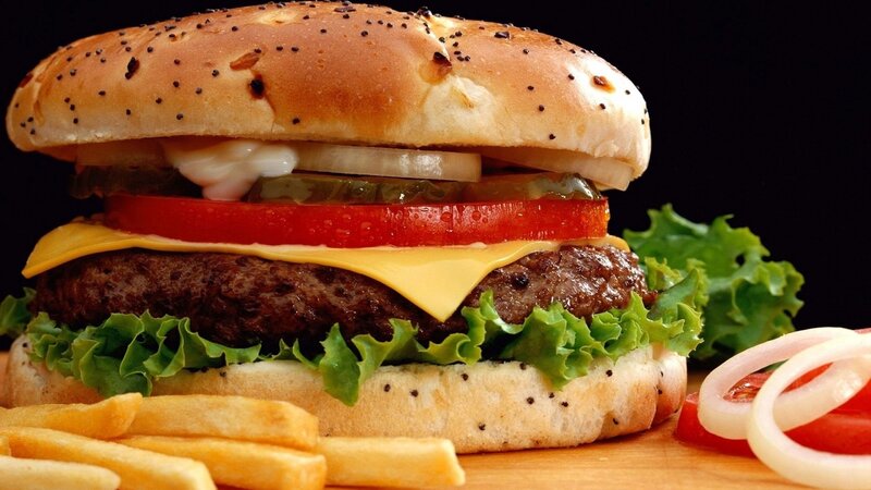 Hamburger with Fries — Brown, Appetizing, Photograph, Onions