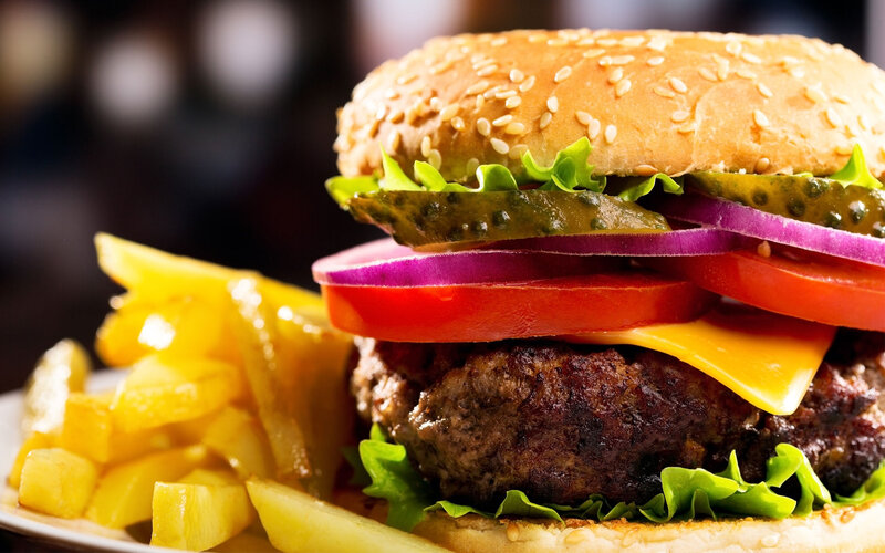 Hamburger with Fries — Brown, Appetizing, Photograph