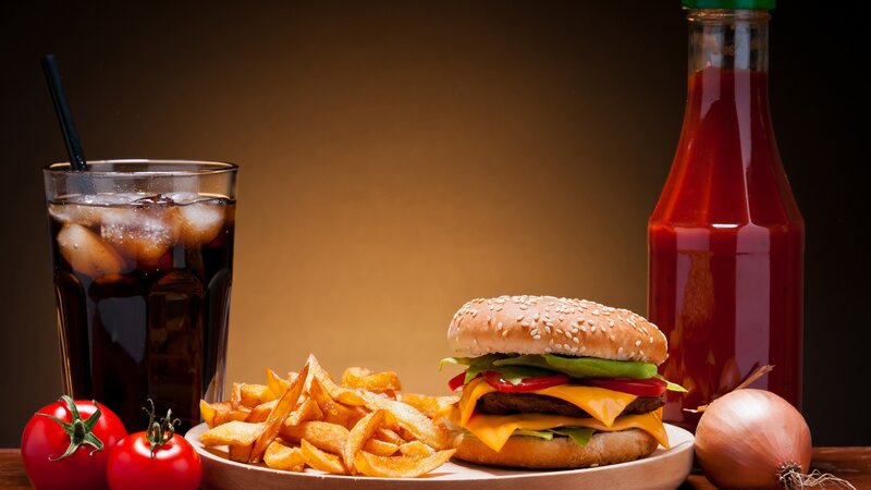 Hamburger with Fries — Brown, Dramatic, Photograph