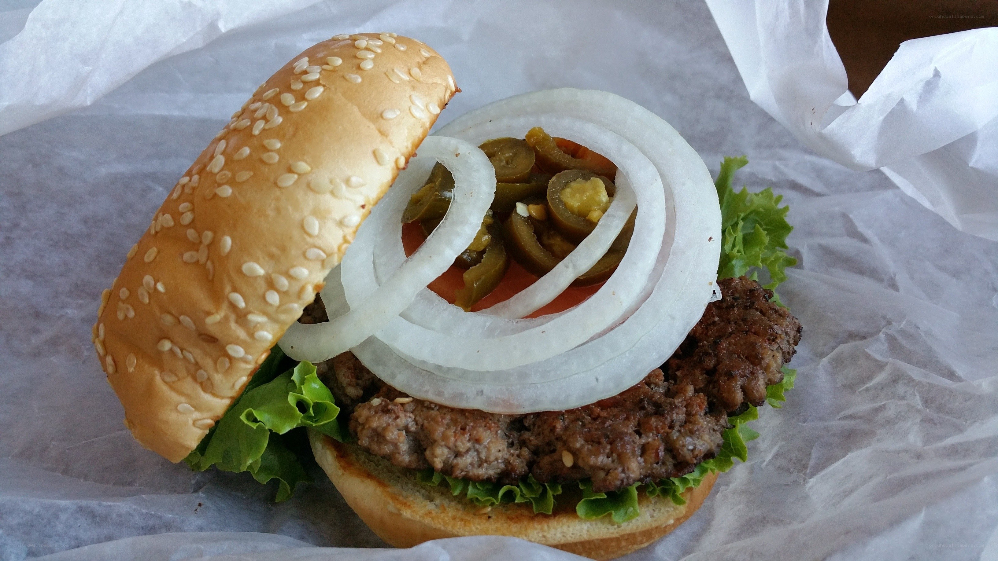 hamburger with onions and peppers