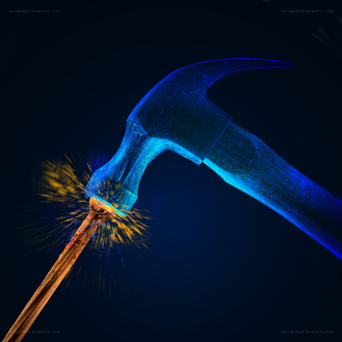 Hammer striking nail with sparks