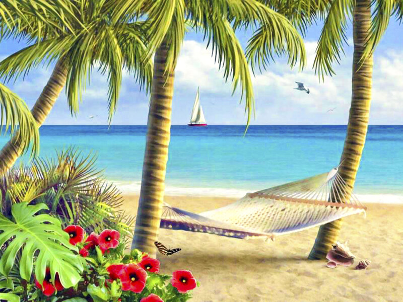 Hammock Between Palm Trees — Blue, Serene, Afternoon, Digital Art