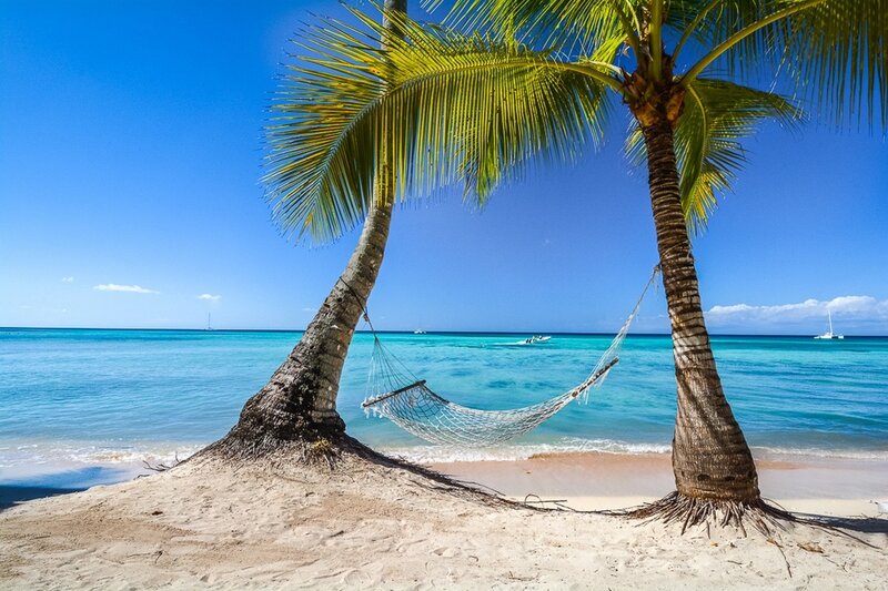 Hammock Between Palm Trees — Blue, Serene, Afternoon, Photograph, Palm Trees, Beach, Ocean, Boats