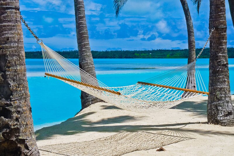 Hammock Between Palm Trees — Blue, Serene, Afternoon, Photograph, Palm Trees, Ocean, Sand, Sky