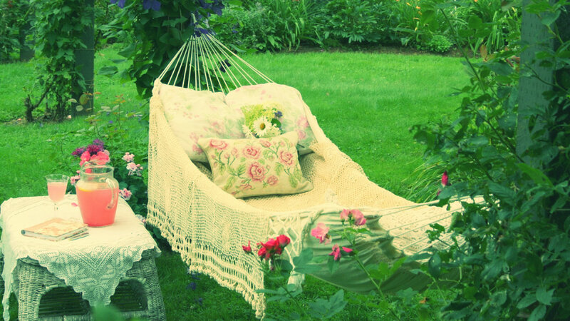 Hammock in Garden — Green, Serene, Afternoon, Photograph, Flowers