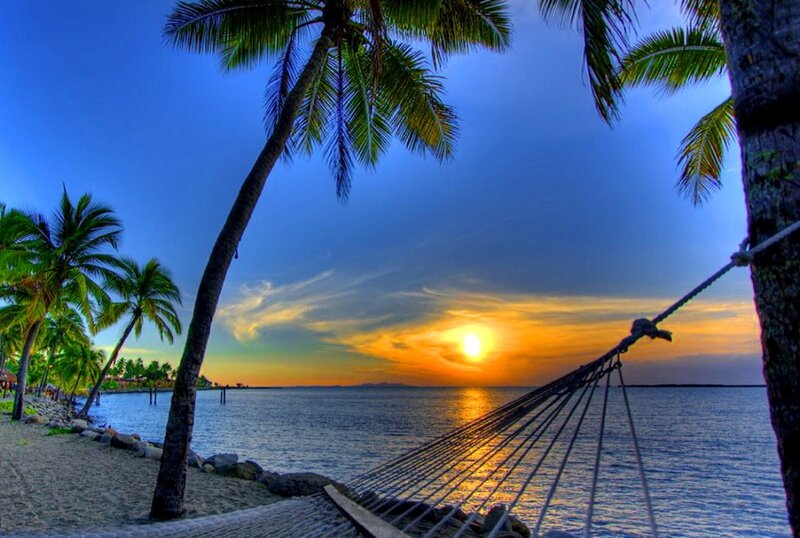 Hammock on Beach — Blue, Serene, Sunset, Photograph, Palm Trees