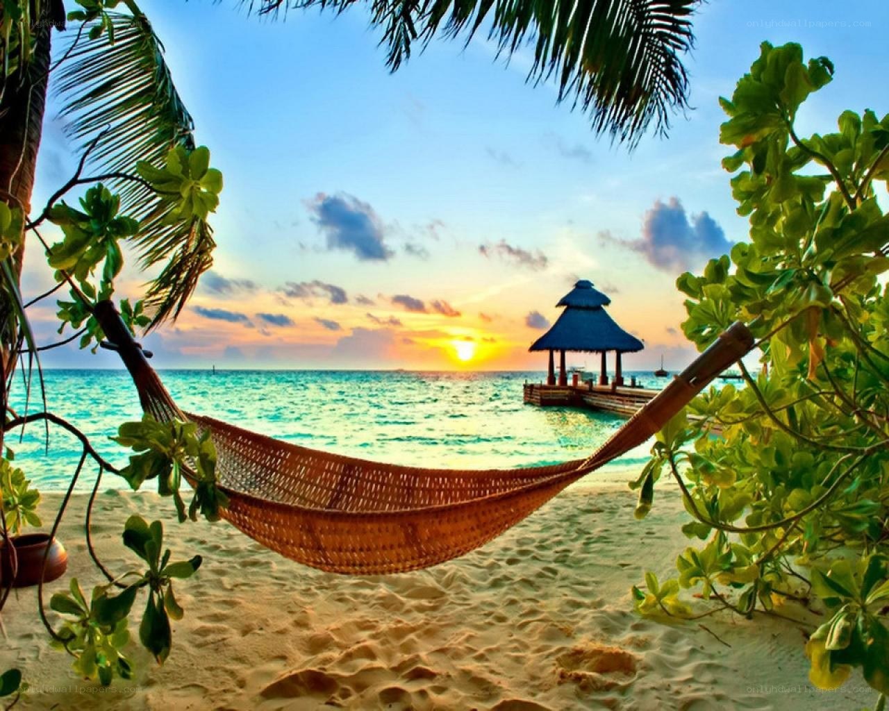 Hammock on tropical beach at sunset