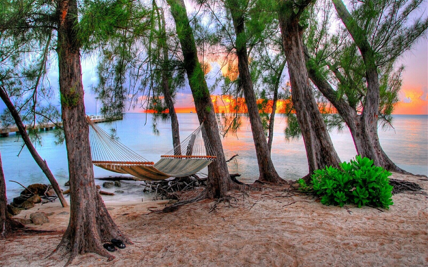 Hammock on tropical beach at sunset