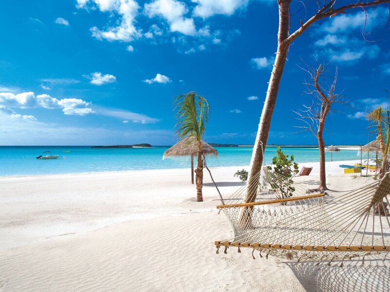 Hammock on Tropical Beach — Blue, Serene, Afternoon, Photograph, Palm Tree, Umbrella