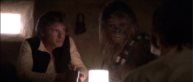 Han Solo and Chewbacca in a dimly lit room