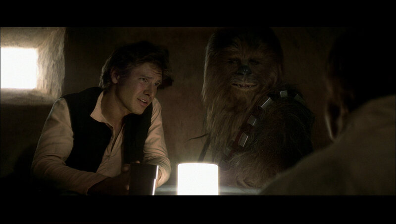 Han Solo and Chewbacca in a dimly lit room