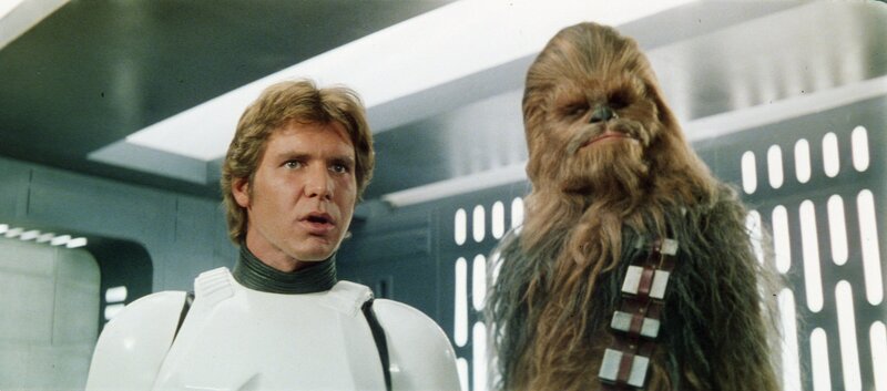 Han Solo and Chewbacca in a spaceship