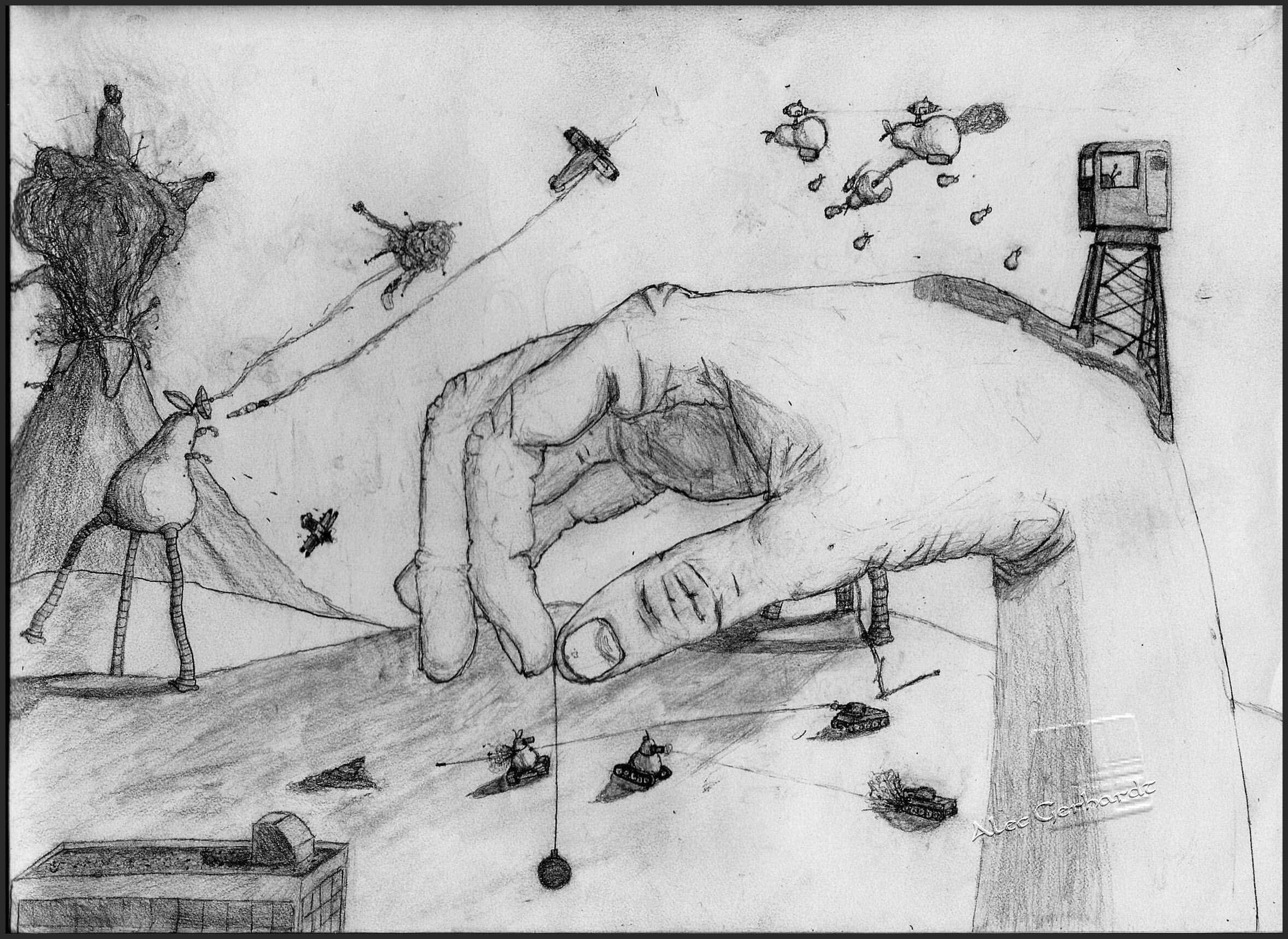 Hand controlling war scene