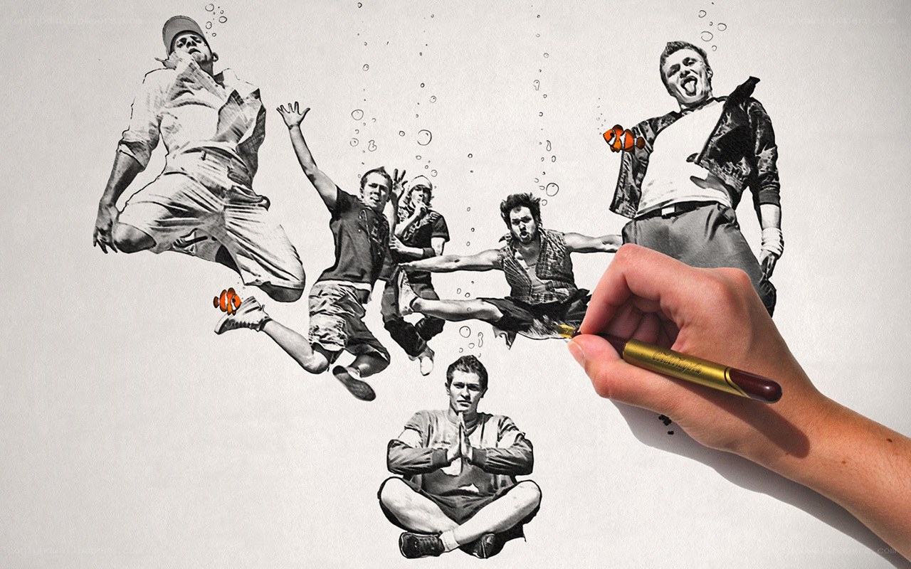 hand drawing people underwater