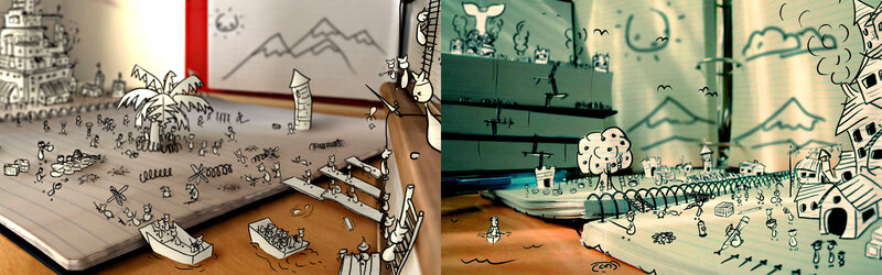 Hand-drawn paper dioramas