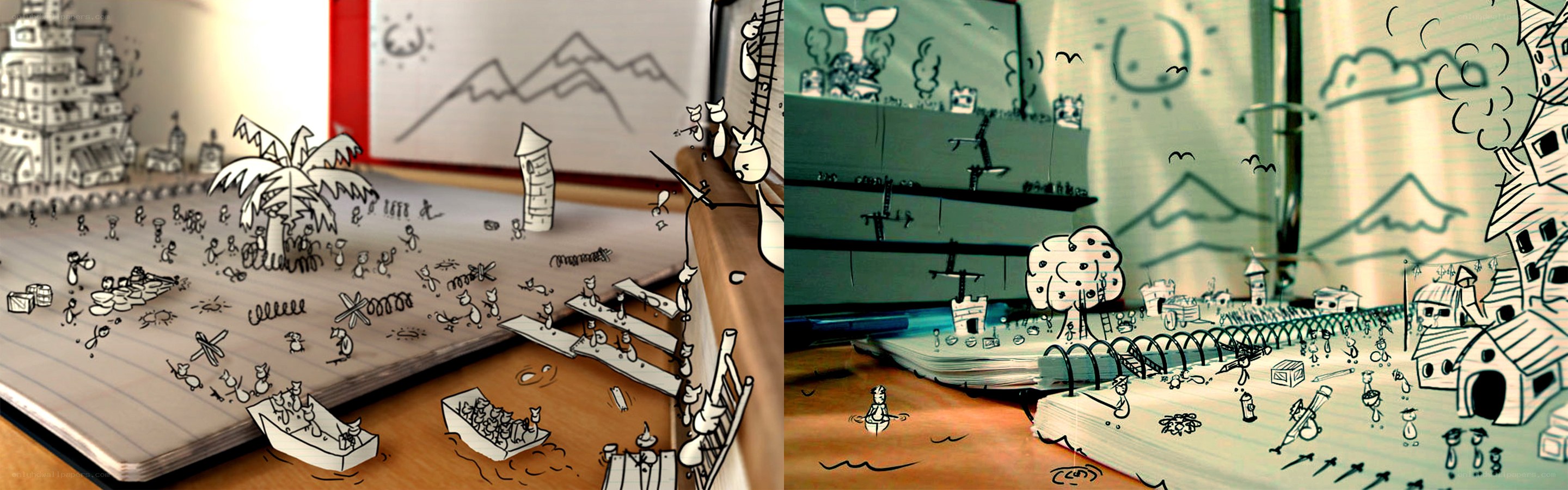 Hand-drawn paper dioramas