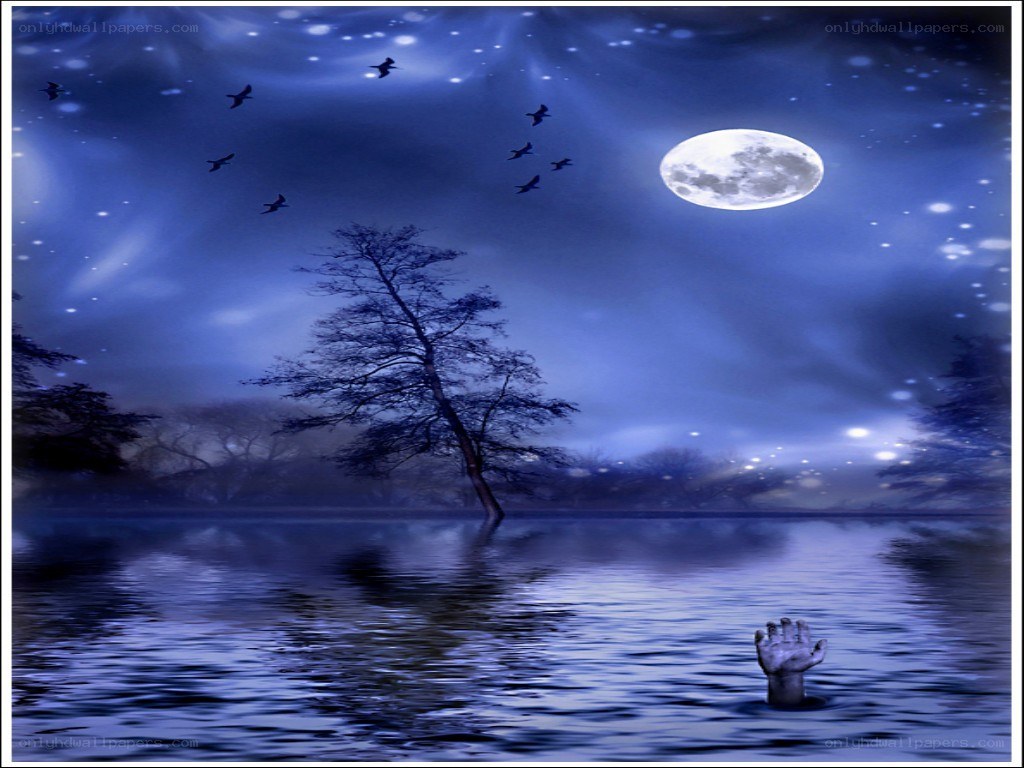 hand emerging from water at night