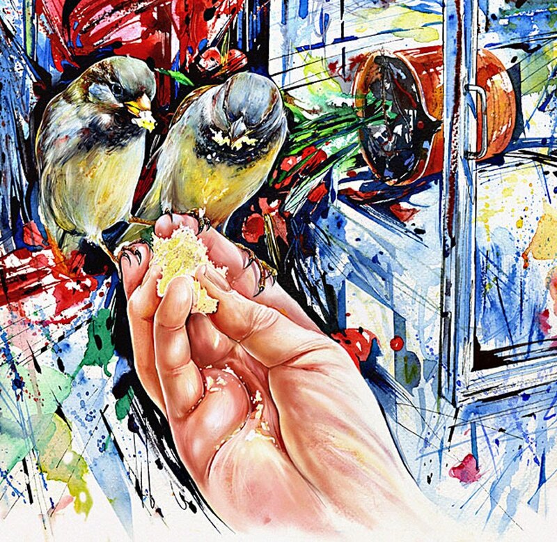 hand feeding birds art