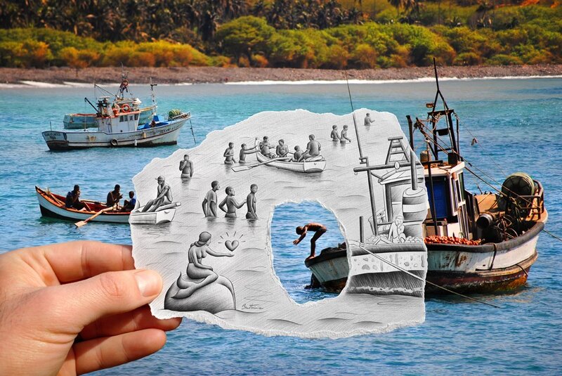 hand holding a drawing over boats