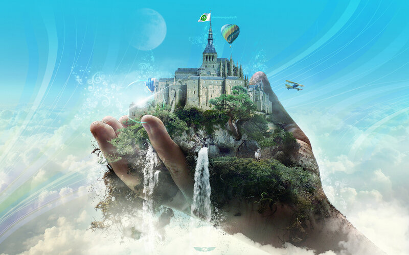 Hand holding a floating castle