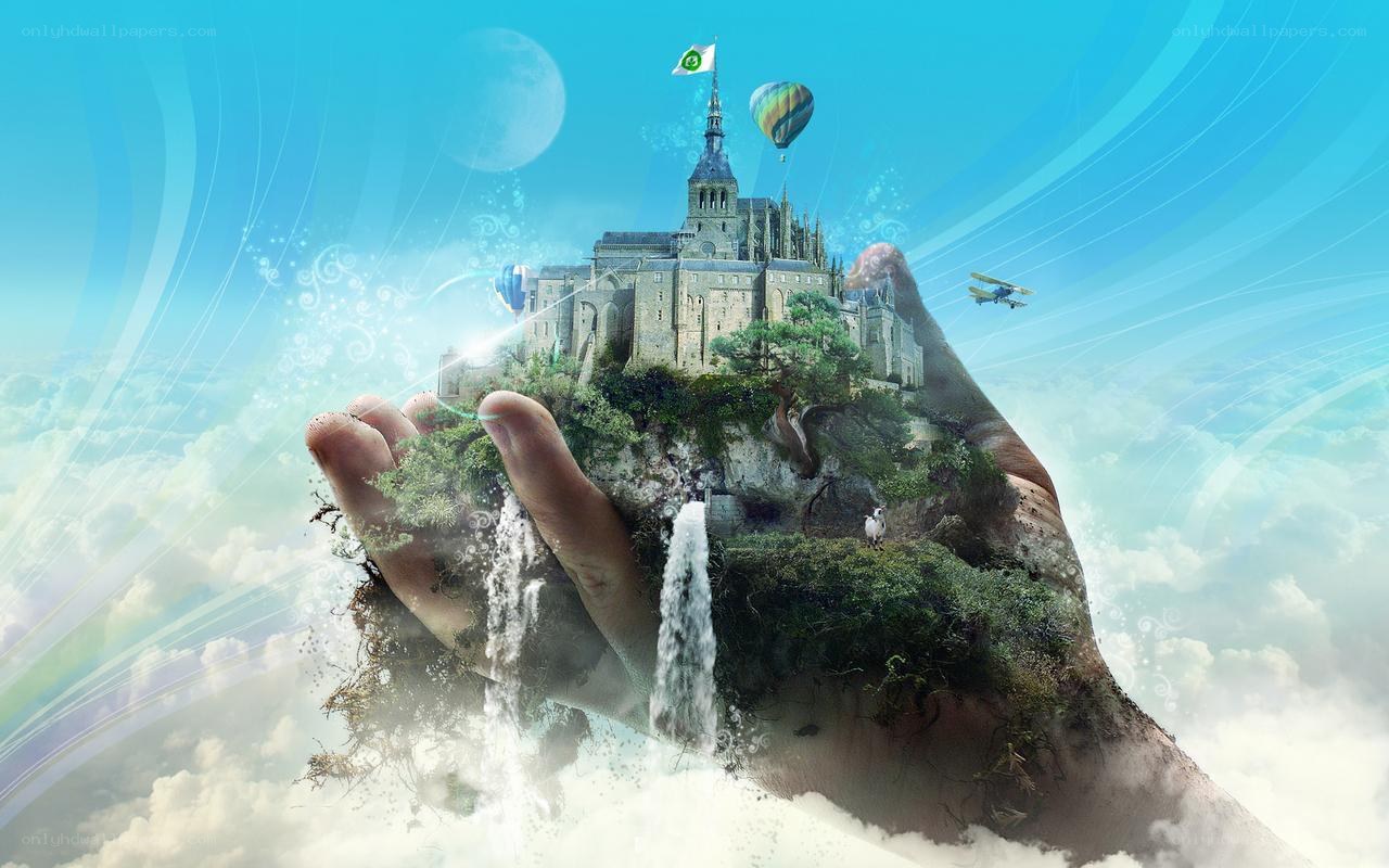 Hand holding a floating castle