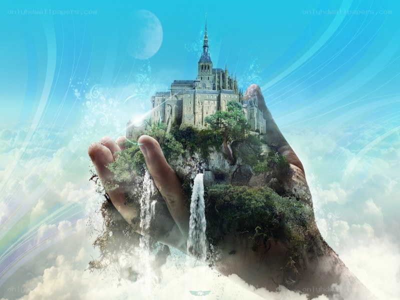 Hand holding a floating castle