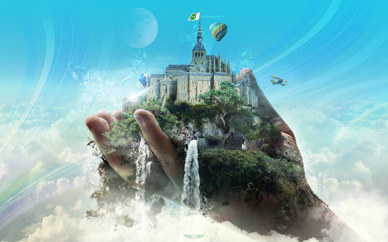 Hand holding a floating island