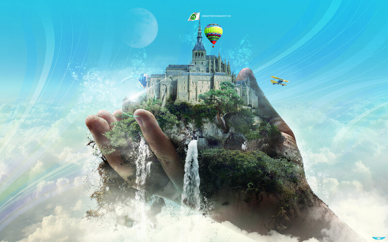 Hand holding a floating island