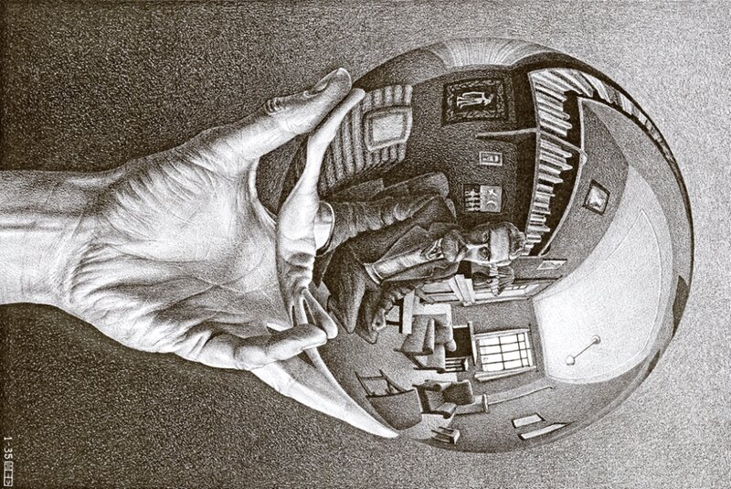 Hand holding a reflective sphere
