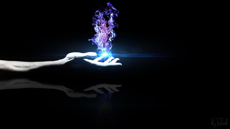 Hand Holding Blue Flame — Black
